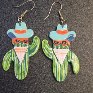 Vintage Hand Painted Cactus Earrings